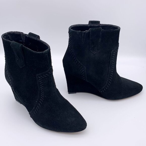 Rebecca Minkoff Bianca Black Suede Wedge Booties Distressed Tonal Stitched 6 M - Picture 8 of 12